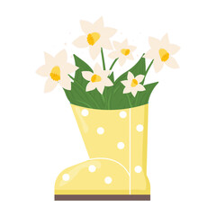 Spring daffodils in yellow rain boot &ndash; seasonal floral vector illustration