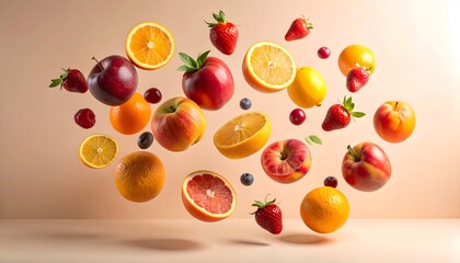 Floating Fruits: A Vibrant Composition of Fresh Citrus, Berries, and Apples