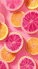 Fototapeta premium Brightly colored citrus fruit halves, including pink grapefruit and oranges, are scattered on a vivid pink background. Strong shadows indicate a sunny day, highlighting fresh, healthy produce