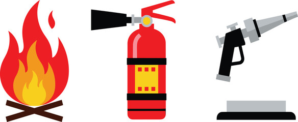 Fototapeta premium Fire safety and firefighting equipment set, colorful vector icons with burning campfire, red fire extinguisher and professional water nozzle isolated on white background.