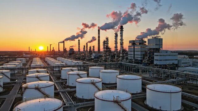 Vast Industrial Complex With Smokestacks Emitting Steam Against a Sunset Sky