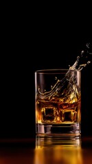 A short glass tumbler with amber whiskey and ice rests on a wooden surface, a splash captured dynamically lit