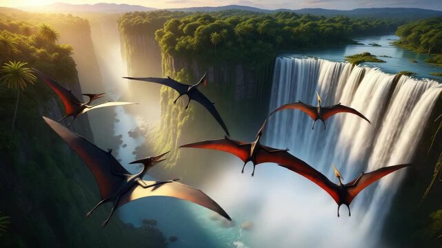 Flying reptiles over waterfall landscape