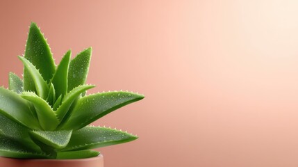 Close-up of a fresh green succulent plant with dew drops in a modern peach background showcasing beauty and tranquility in home decor