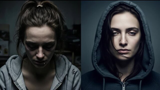 The face of a young person, contrasting consequences of drug and alcohol abuse versus an optimal healthy living, showing addiction and recovery