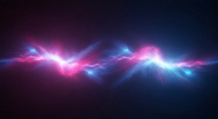 Fototapeta premium A vibrant cosmic nebula with glowing pink and blue energy clouds stretches across a vast star-filled deep space background.