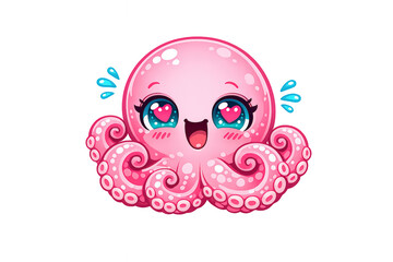 Obraz premium Pink kawaii octopus character with heart eyes expressing love and happiness, cute marine animal illustration on transparent background