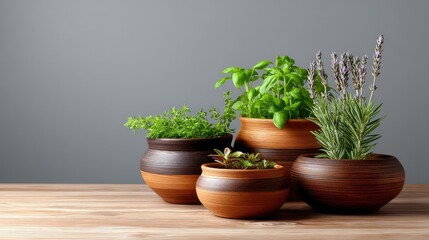 Fototapeta premium Fresh herbs and plants in elegant wooden pots set against a neutral gray background, perfect for home decor and nature-inspired settings.