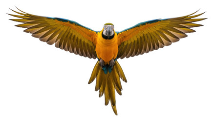 Isolated Beautiful gold and blue macaw parrot stretching its wings in flight on neutral © Andrei