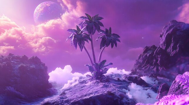 Purple alien paradise. Lush palm trees on a craggy, otherworldly landscape bathed in a vibrant sunset