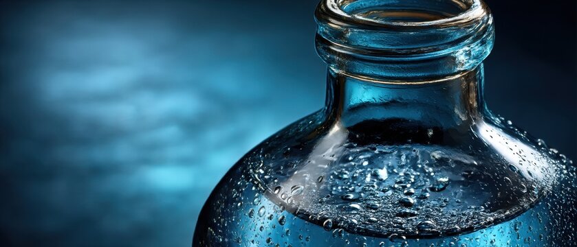 Blue glass bottle filled with solarized water, glowing under soft light. A minimalist concept of purity, energy and holistic wellness, evoking calm, balance and natural healing.