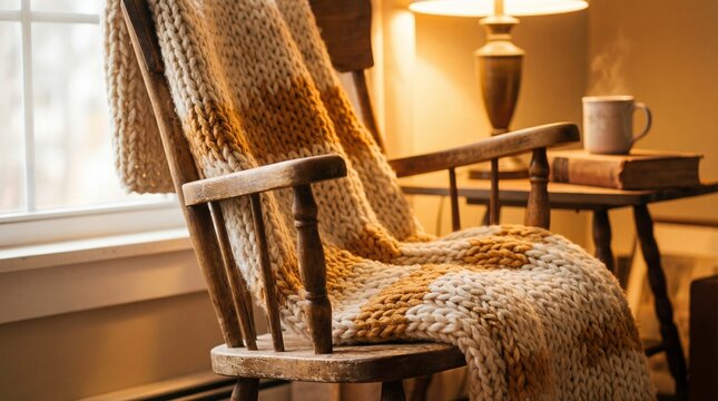 Cozy room scene featuring a wooden rocking chair, a warm knitted throw blanket, a vintage side table with a mug of steaming hot drink, and a gentle light.