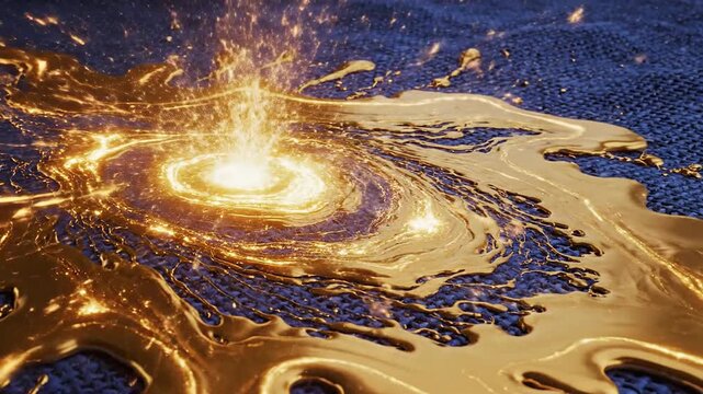 Molten Gold Swirling into Deep Indigo Fabric Creating a Vibrant Energy Vortex