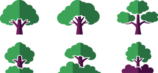 Green deciduous trees and environmental icons set, flat vector illustrations of leafy garden trees and bushes with purple trunks isolated on white background.
