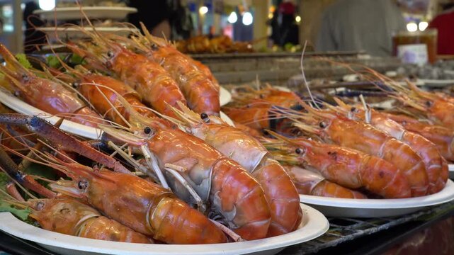 close up of river prown grilled in asian street market
