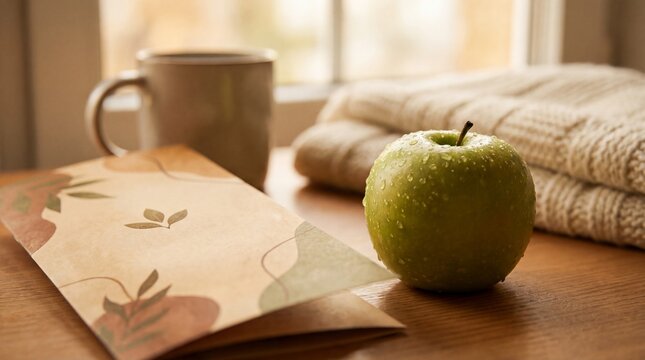 A refreshing green apple and a stack of cozy sweater sit besides a book and coffee cup on a wooden surface in a warm and inviting light.