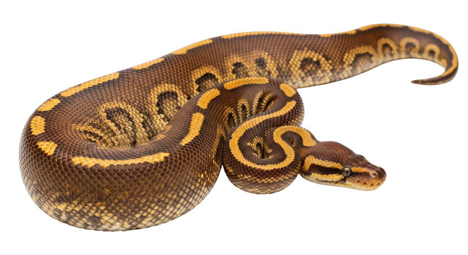 Isolated Ball Python curled up, close up shot of a Royal python with brown and gold scales