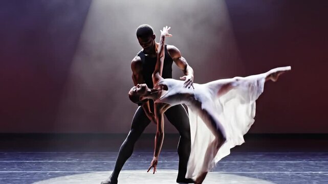 Graceful ballet dancers perform a dramatic pas de deux on stage under a spotlight.