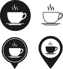 Obraz premium Coffee Cup Location Pin and Cafe Icon Set Representing Hot Beverage Shop Marker, Restaurant Menu Symbol and Cafe Service Concept