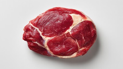 Fototapeta premium Fresh Cut Beef Ribeye Steak with Rich Red Color and Marble Fat on White Surface for High-Quality Culinary Presentation or Cooking Inspiration