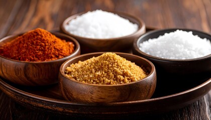 Four Wooden Bowls Filled with Colorful Spices and Sugars on a Dark Wooden Tray