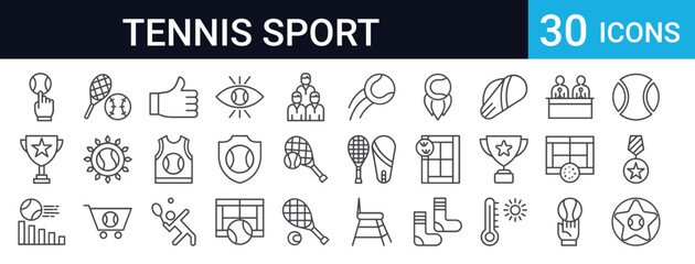 Complete tennis icon collection with 30 thin line vector symbols. Includes racket, ball, court, trophy, player, equipment, and sportswear. Perfect for sports apps and websites.