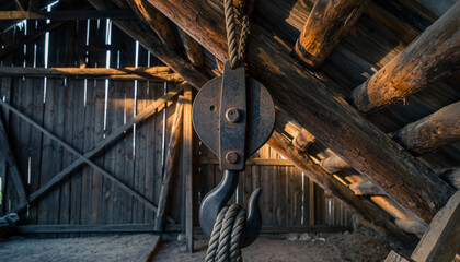 Interior of a rustic wooden barn with pulley system and beams.