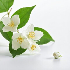 Fototapeta premium White jasmine blossoms with green leaves and single bud isolated on white background for decoration element