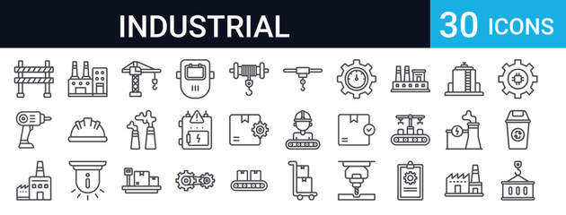 Complete industrial factory icon collection featuring manufacturing equipment, machinery, workers, quality control, AI technology. Perfect for industry websites and applications.