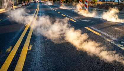A road emitting steam or smoke with double yellow lines.