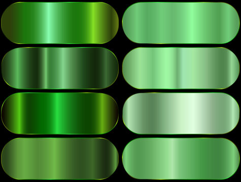 Premium green gradient swatch palette set. green metal gradient. realistic aluminum green rectangles