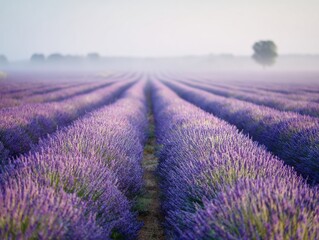 Fototapeta premium Lavender field at sunset with endless purple rows