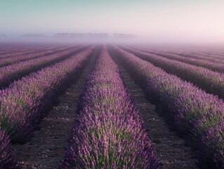 Obraz premium Lavender field at sunset with endless purple rows