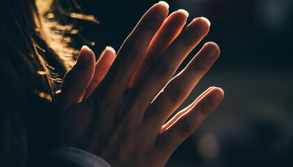 Close-up of two hands pressed together with sunlight in the background.