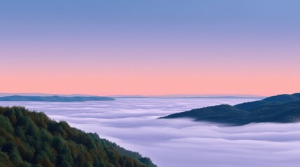 Obraz premium Serene Landscape of Rolling Hills Above Soft Layers of Morning Fog with a Tranquil Sky in Pastel Colors at Dawn Over a Peaceful Natural Setting