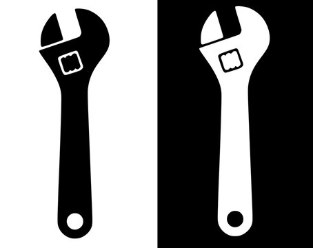 Industrial icon, vector illustration of monkey wrench, with silhouette design in original and negative versions