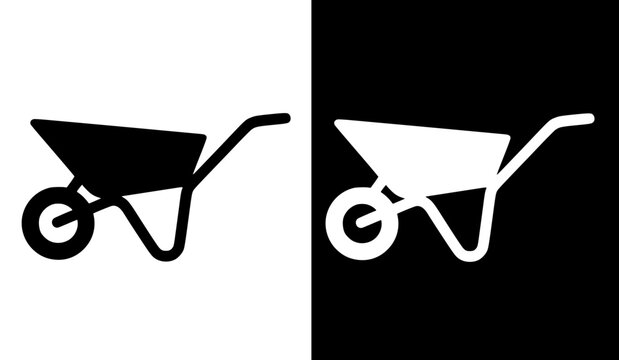 Industrial icon, vector illustration of a wheelbarrow, with silhouette design in original and negative versions.