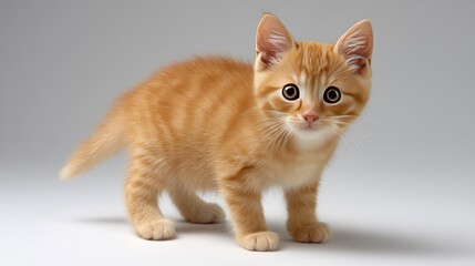 Fototapeta premium Cute orange tabby kitten with round eyes standing on a light background, exploring its surroundings with curiosity and playful attitude