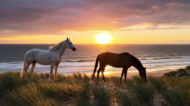 two horses grazing on grassy dunes near ocean beach during sunset. white and brown animals eating grass on coast. nature landscape with sea, sun and clouds. summer evening, peaceful wild life.
