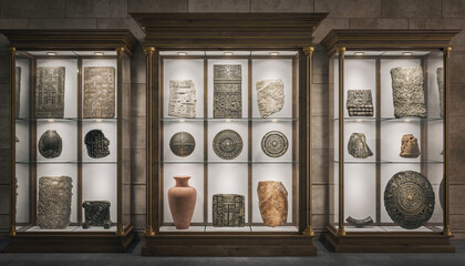 Display of ancient artifacts and relics in a museum setting.