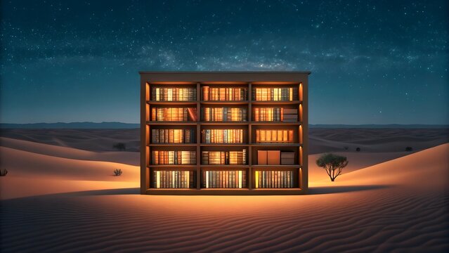Enchanting Bookshelf in a Desert Under a Starry Night Sky