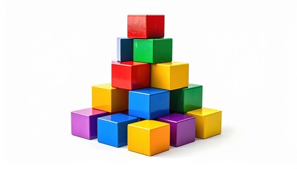 Obraz premium FlyPro_Firefly presents an array of brightly colored building blocks stacked in an ascending, interconnected structure, captured in a realistic photography style.