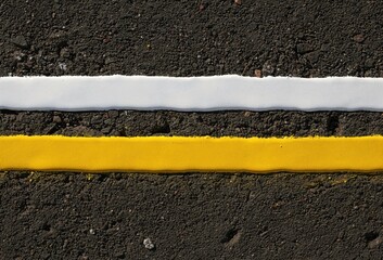 Fototapeta premium Textured asphalt road featuring parallel yellow and white lines symbolizing directionality with vivid contrast illustrating urban design concepts and compositional clarity