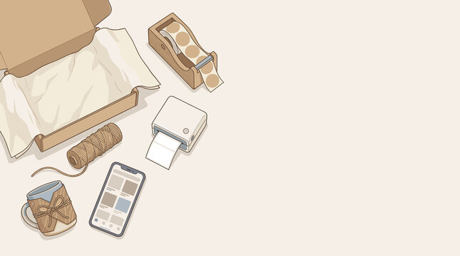 Packing station for handmade orders, top view &mdash; box, stickers, twine, label printer and smartphone for e-commerce order management, copy space
