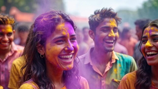 Happy young woman celebrating Holi festival with colorful powder in yellow and purple, joyful expression with friends enjoying traditional Indian spring celebration outdoors