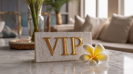 vip sign on a table in luxury hotel room
