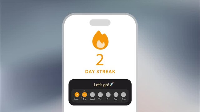 Smartphone with habit tracker interface animation. Progress bar filling up and checkmark appearing for completed task. 7 day streak flame icon. Productivity app widget overlay.