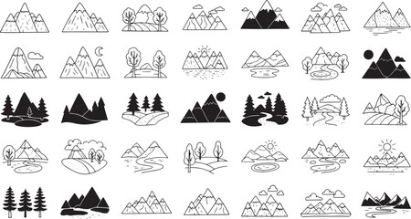 Viewing a curated collection of minimalist black-and-white nature illustrations arranged in a six-by-six grid of mountain and tree icons
