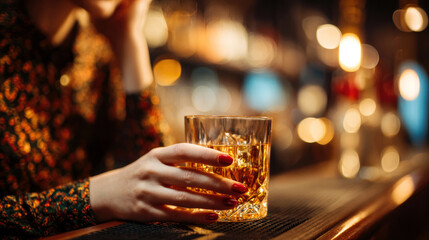 woman sits at the bar with a glass of whiskey in her hand