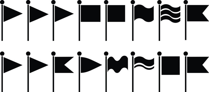 Black vector silhouette and icon set of diverse flags on poles including triangular square and wavy shapes for navigation signaling racing and information branding